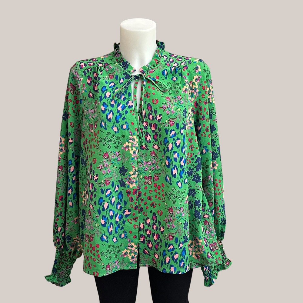 Never Fully Dressed Bright Green Floral Tie-Neck Blouse